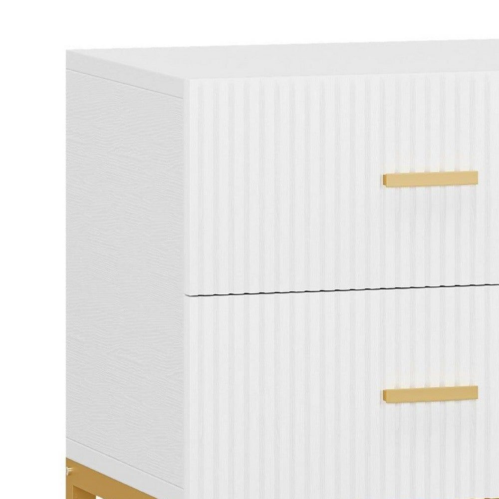 Aez Nightstand, 2 Drawers, White Wood, Gold Metal Legs and Bar Handles -BM336948