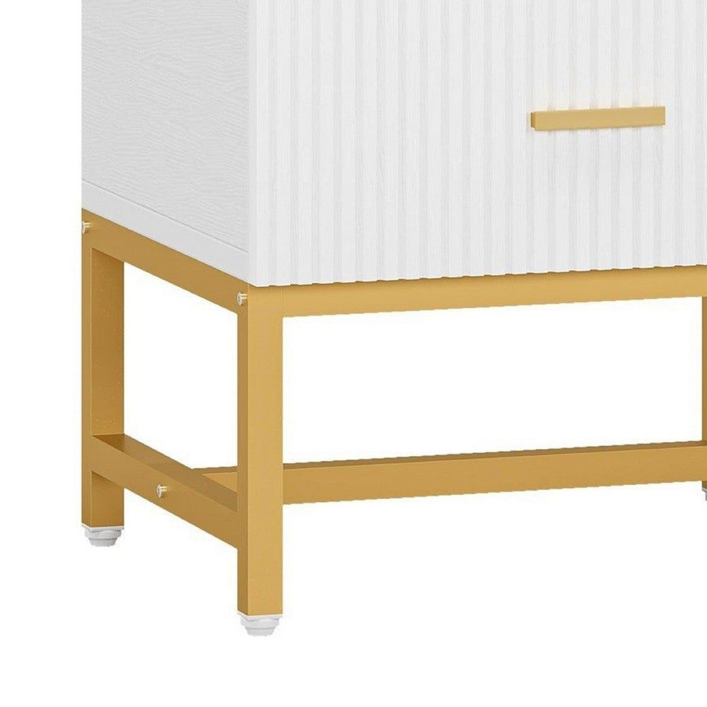 Aez Nightstand, 2 Drawers, White Wood, Gold Metal Legs and Bar Handles -BM336948