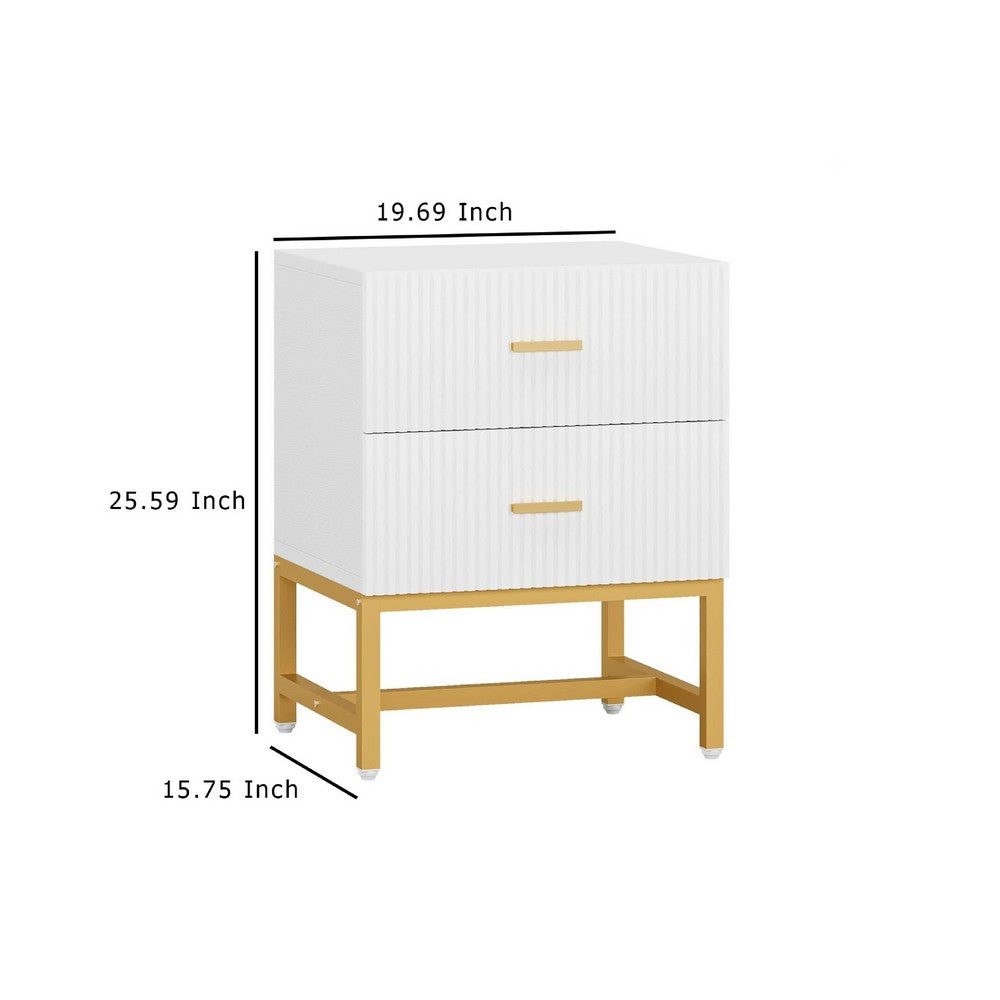 Aez Nightstand, 2 Drawers, White Wood, Gold Metal Legs and Bar Handles -BM336948