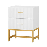 Aez Nightstand, 2 Drawers, White Wood, Gold Metal Legs and Bar Handles -BM336948