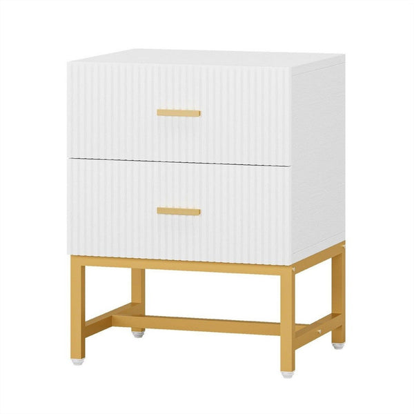 Aez Nightstand, 2 Drawers, White Wood, Gold Metal Legs and Bar Handles -BM336948