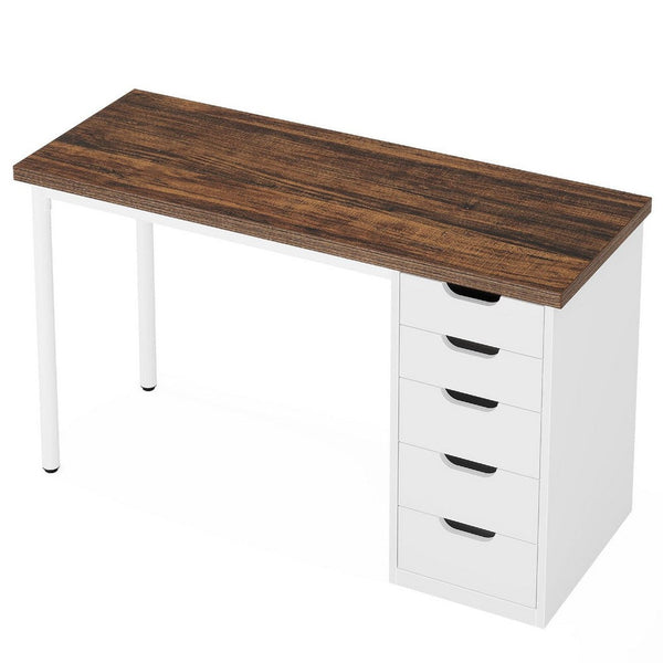 Computer Desk w 5 Drawers and White Metal Legs, 47 Inch Brown Wood Top -BM336952