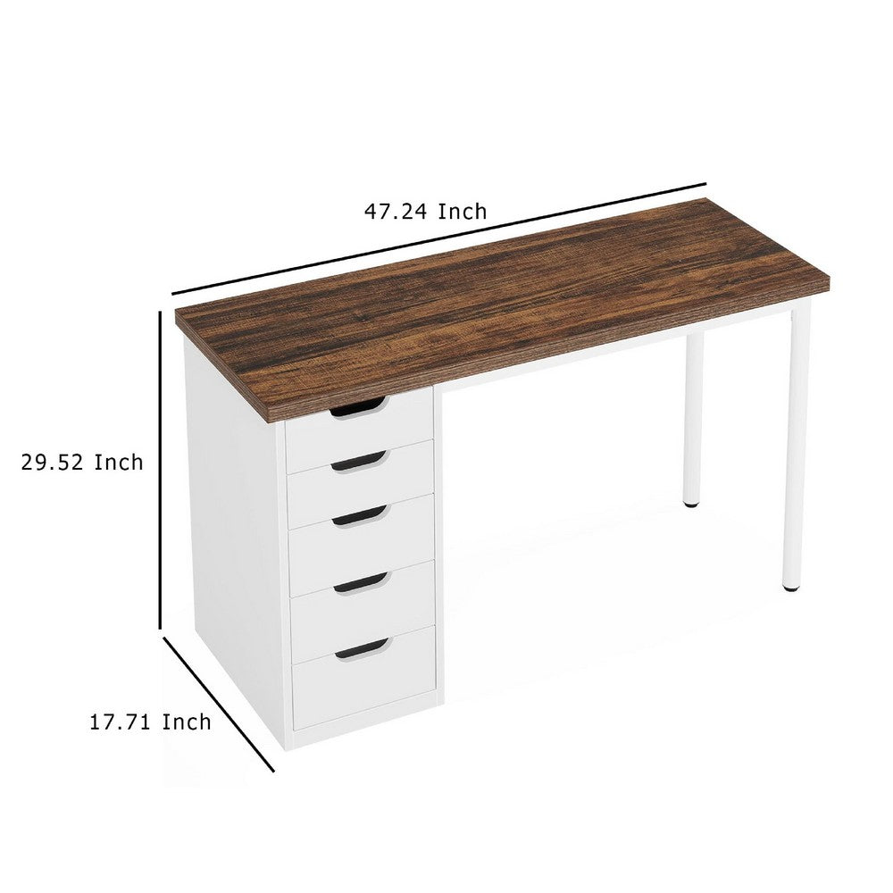 Computer Desk w 5 Drawers and White Metal Legs, 47 Inch Brown Wood Top -BM336952