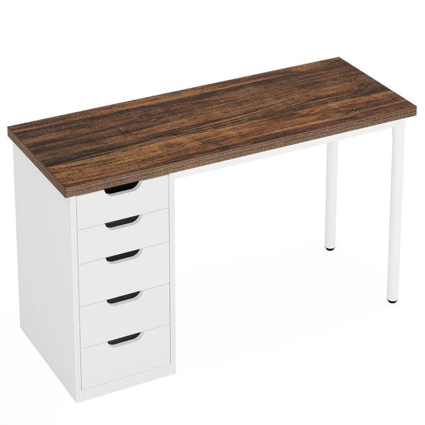 Computer Desk w 5 Drawers and White Metal Legs, 47 Inch Brown Wood Top -BM336952