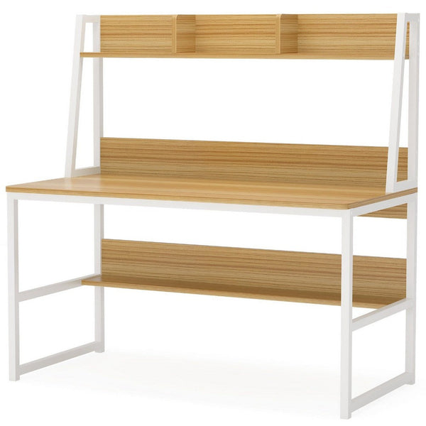 Modern Computer Desk with Hutch Bookshelf, White Brown Workstation -BM336955