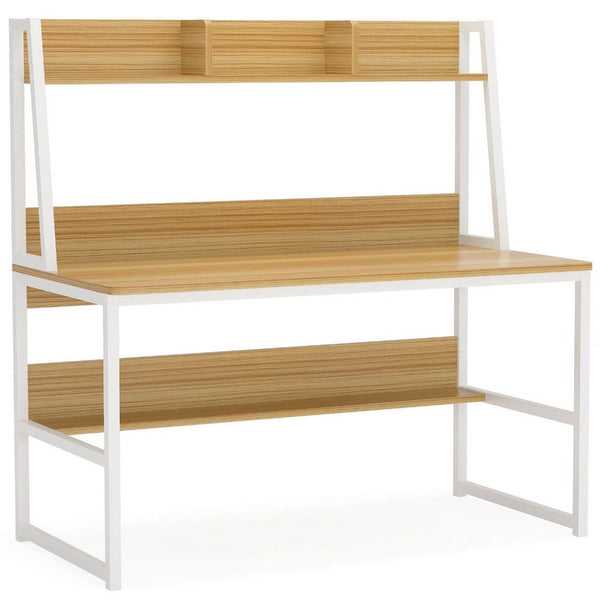 Modern Computer Desk with Hutch Bookshelf, White Brown Workstation -BM336955