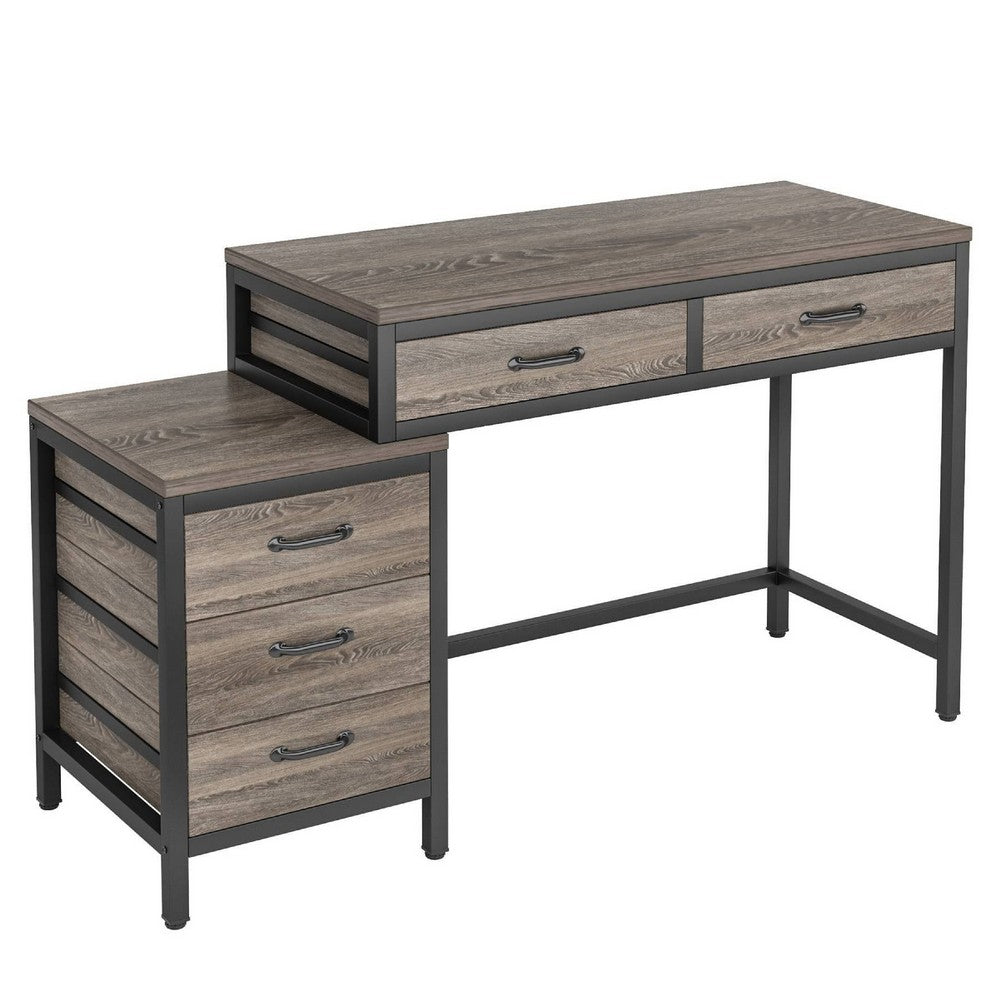Computer Study Desk, 5 Gray Reversible Drawers, 39 Inch Taupe Gray -BM336956