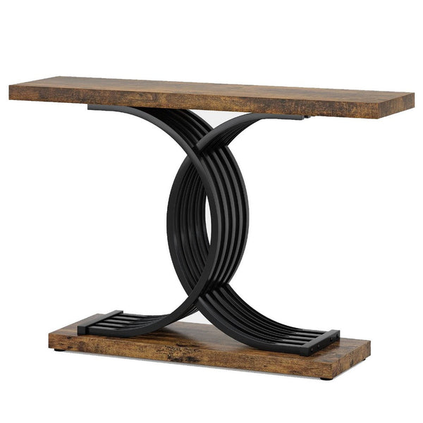 Meu Sofa Console Table, Sculpture Black Metal Base, 39 Inch Brown Wood -BM336957