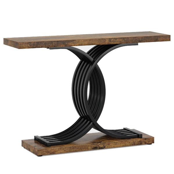 Meu Sofa Console Table, Sculpture Black Metal Base, 39 Inch Brown Wood -BM336957