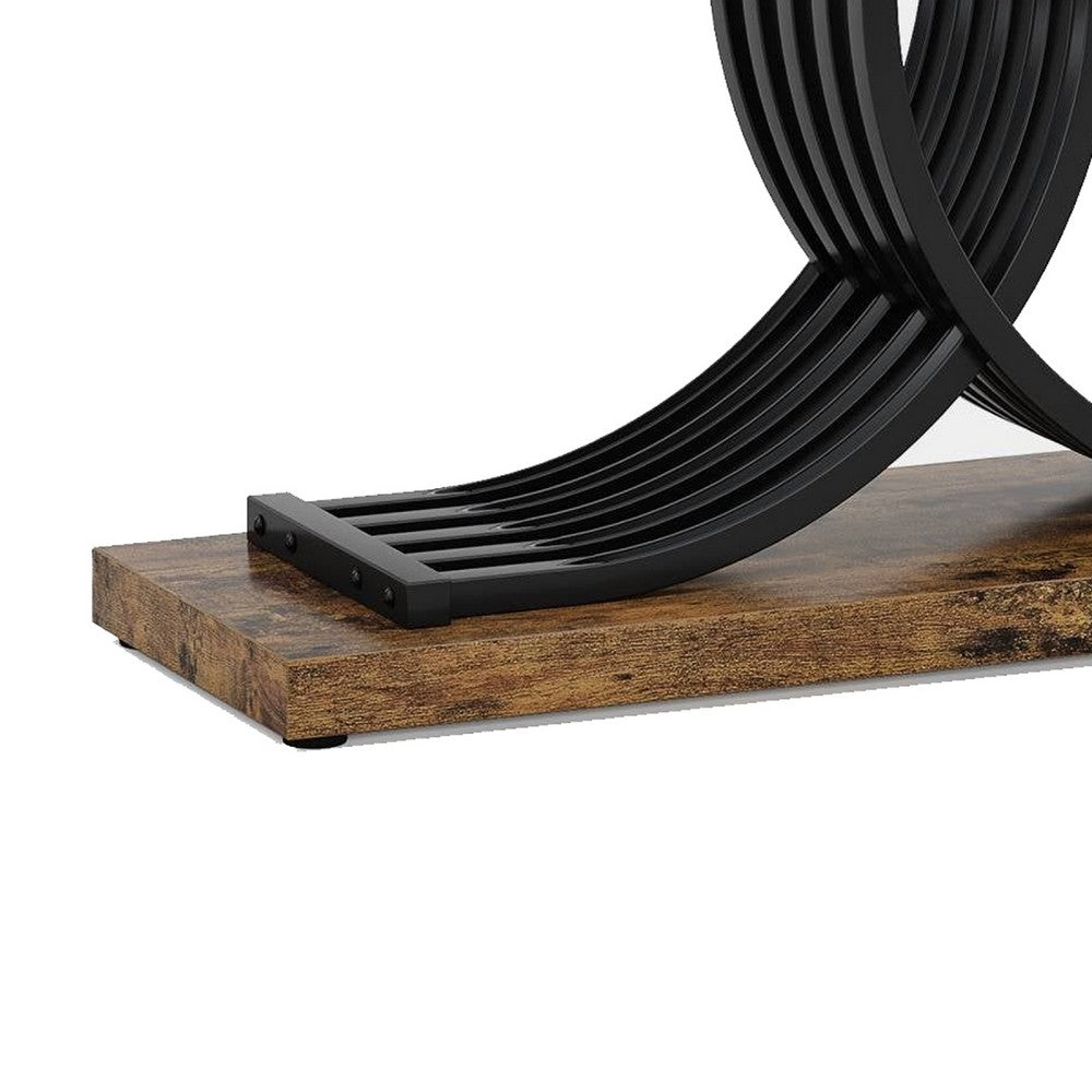 Meu Sofa Console Table, Sculpture Black Metal Base, 39 Inch Brown Wood -BM336957