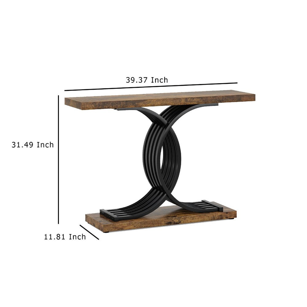 Meu Sofa Console Table, Sculpture Black Metal Base, 39 Inch Brown Wood -BM336957
