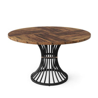 Farmhouse Dining Table, 47 Inch Brown Top, Hourglass Black Metal Base -BM336960