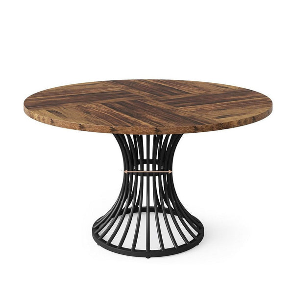 Farmhouse Dining Table, 47 Inch Brown Top, Hourglass Black Metal Base -BM336960