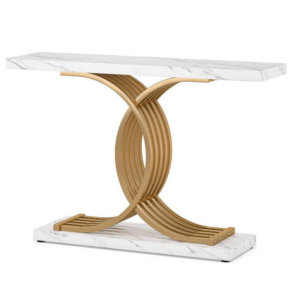 Meu Console Table, Curved Gold Metal Base, 39 Inch White Faux Marble -BM336968