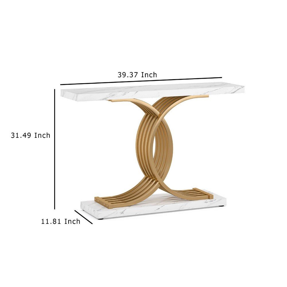 Meu Console Table, Curved Gold Metal Base, 39 Inch White Faux Marble -BM336968
