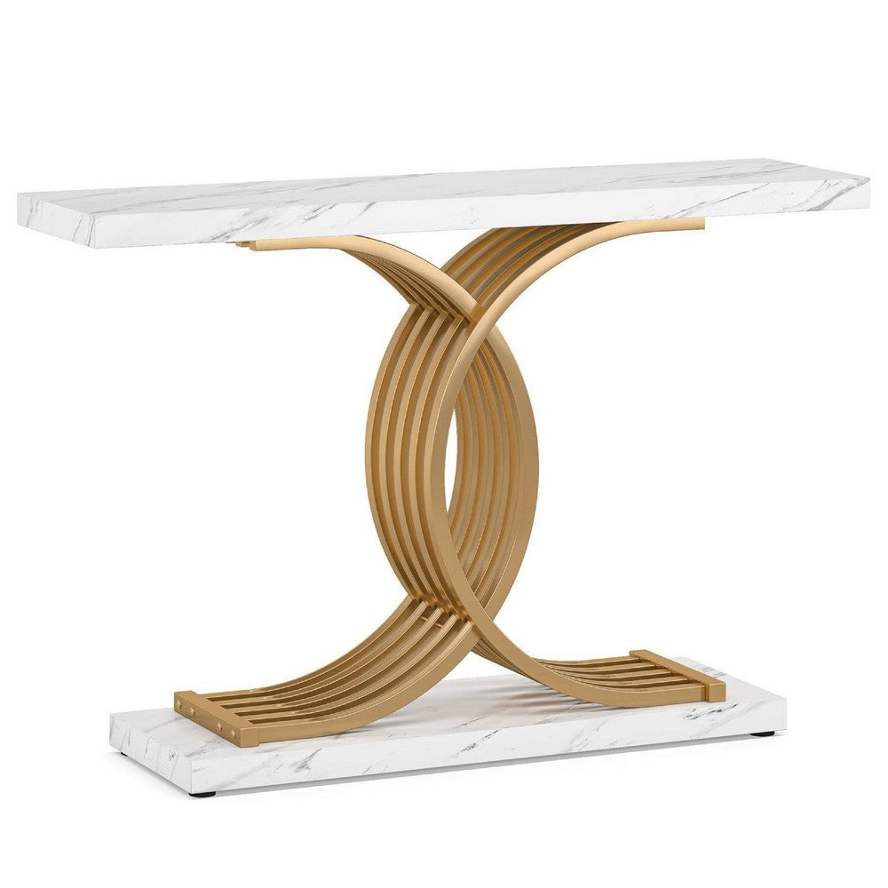Meu Console Table, Curved Gold Metal Base, 39 Inch White Faux Marble -BM336968