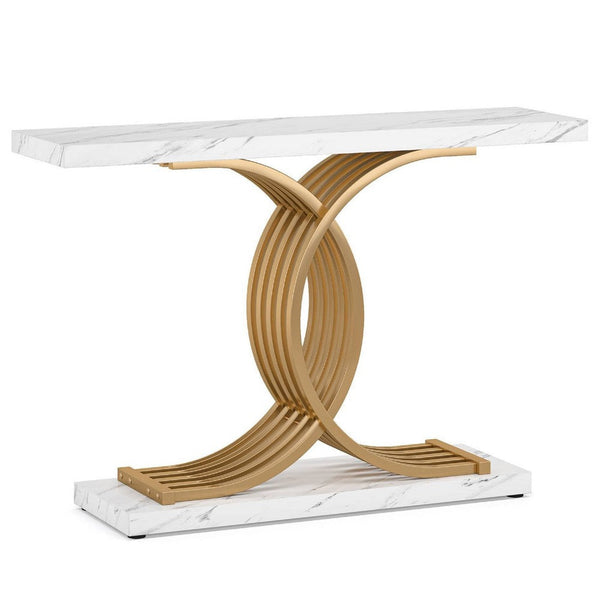 Meu Console Table, Curved Gold Metal Base, 39 Inch White Faux Marble -BM336968