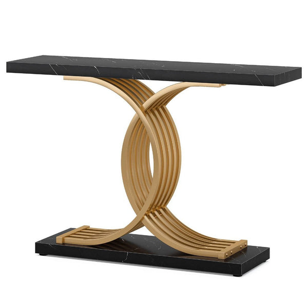 Meu Console Table, Curved Gold Metal Base, 39 Inch Black Faux Marble -BM336969
