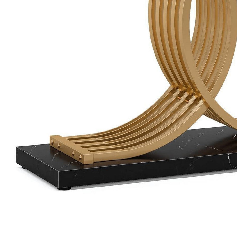 Meu Console Table, Curved Gold Metal Base, 39 Inch Black Faux Marble -BM336969