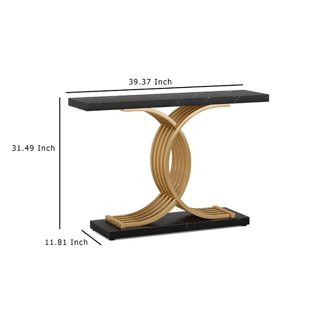Meu Console Table, Curved Gold Metal Base, 39 Inch Black Faux Marble -BM336969
