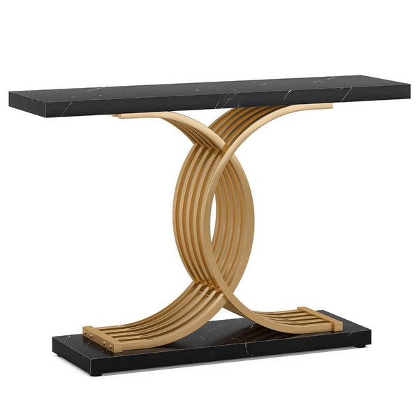 Meu Console Table, Curved Gold Metal Base, 39 Inch Black Faux Marble -BM336969