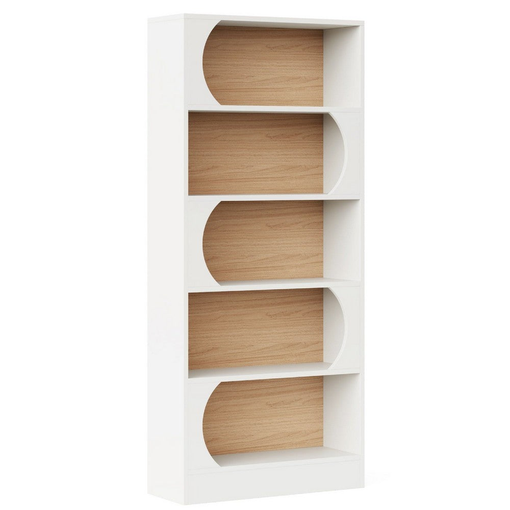 Etagere Bookcase w 5 Curved Display Shelves, Modern 71 Inch White Wood -BM336971