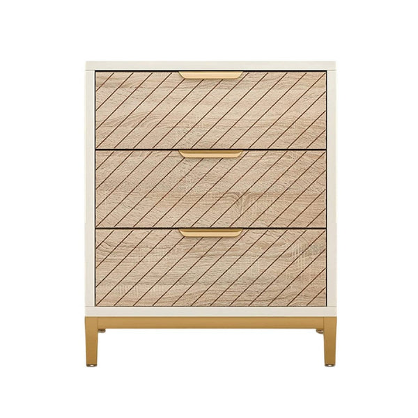 Bedside Nightstand w 3 Drawers, Modern Gold Metal Handles, White Frame -BM336972