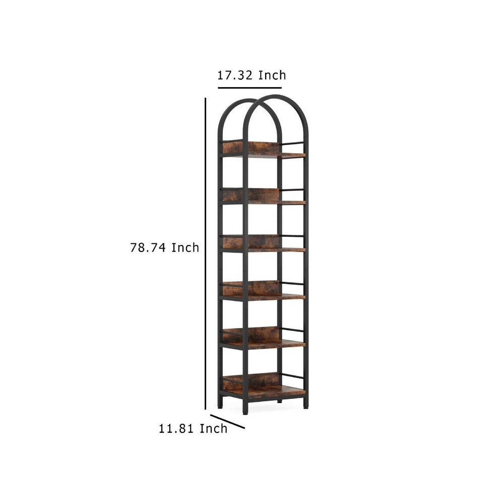 Meo Slim 79 Inch Bookshelf, Arched Black Metal, 6 Brown Wood Shelves -BM336974