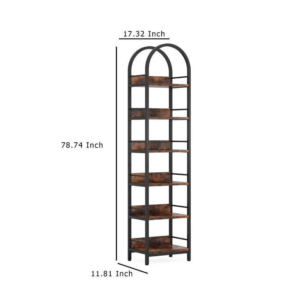 Meo Corner Bookshelf, 6 Shelves, Industrial Arched Black Metal Frame -BM336975