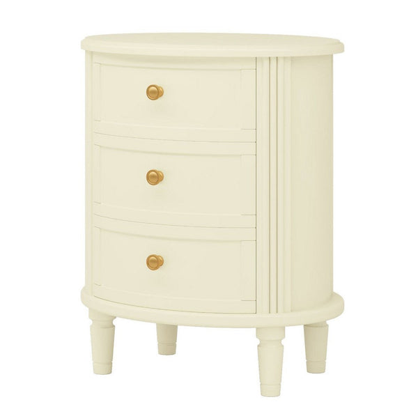 Nightstand with 3 Drawers, Gold Knobs, Oval Carved Design, Ivory Wood -BM336977