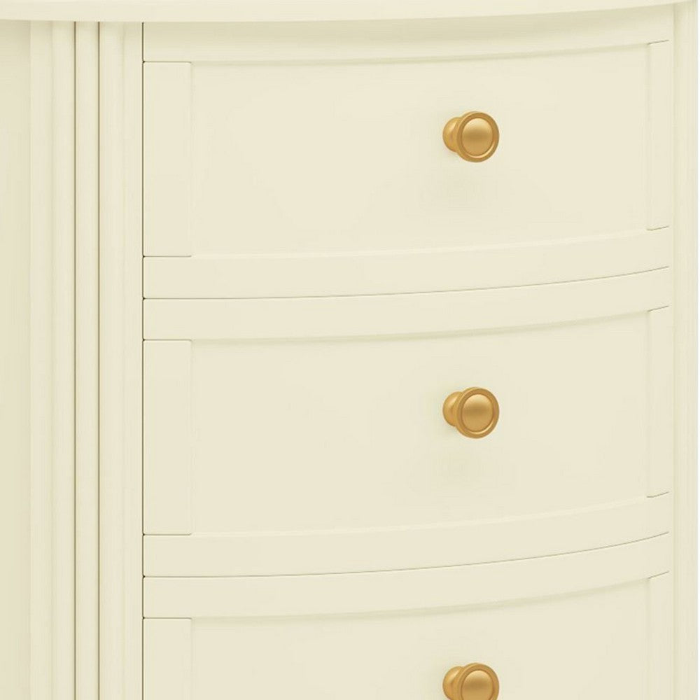 Nightstand with 3 Drawers, Gold Knobs, Oval Carved Design, Ivory Wood -BM336977
