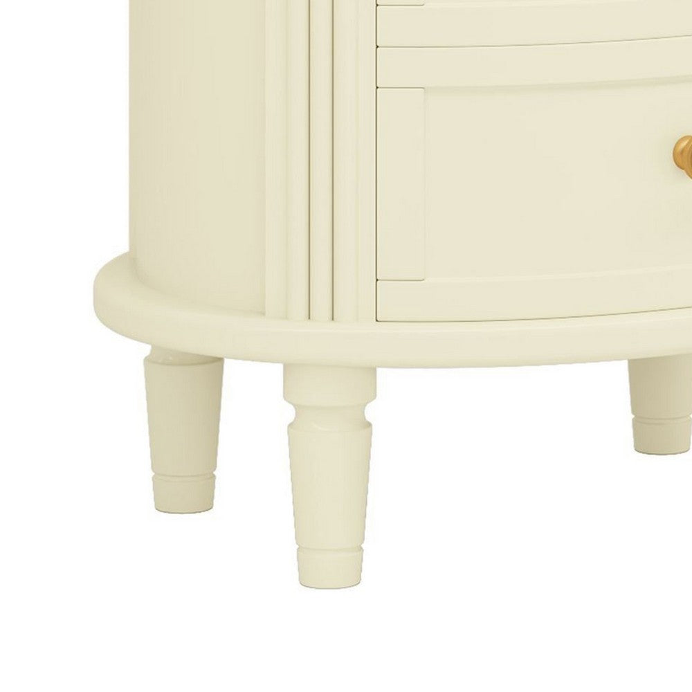Nightstand with 3 Drawers, Gold Knobs, Oval Carved Design, Ivory Wood -BM336977