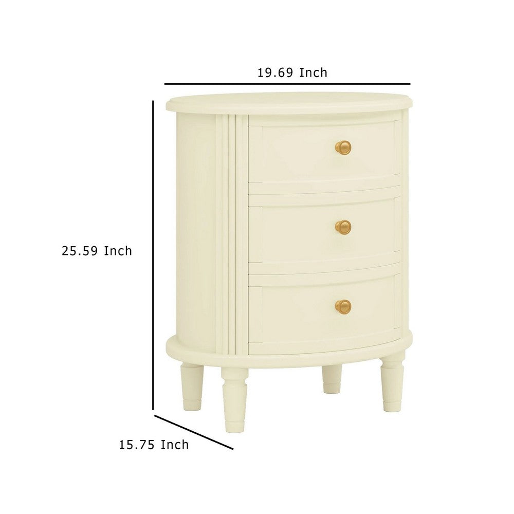 Nightstand with 3 Drawers, Gold Knobs, Oval Carved Design, Ivory Wood -BM336977
