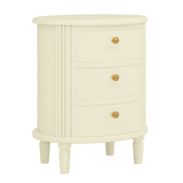 Nightstand with 3 Drawers, Gold Knobs, Oval Carved Design, Ivory Wood -BM336977