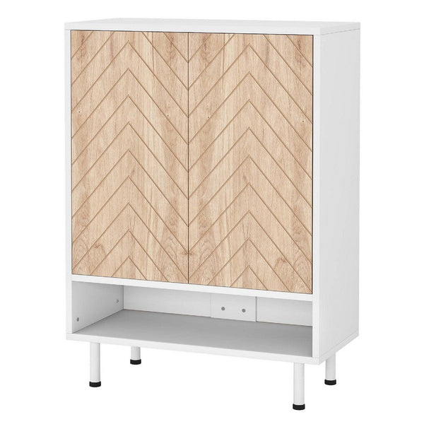 Shoe Cabinet with 6 Shelves, 2 Brown Chevron Pattern Doors, White -BM336978