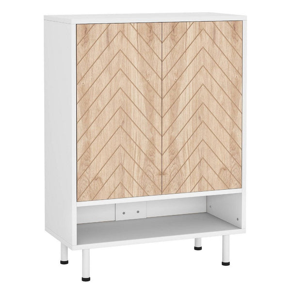 Shoe Cabinet with 6 Shelves, 2 Brown Chevron Pattern Doors, White -BM336978