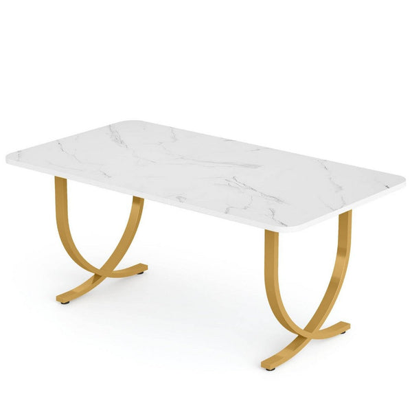Dining Table, Modern Geometric Gold Metal, 63 Inch White Faux Marble -BM336981