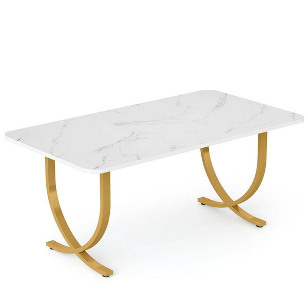Dining Table, Modern Geometric Gold Metal, 63 Inch White Faux Marble -BM336981