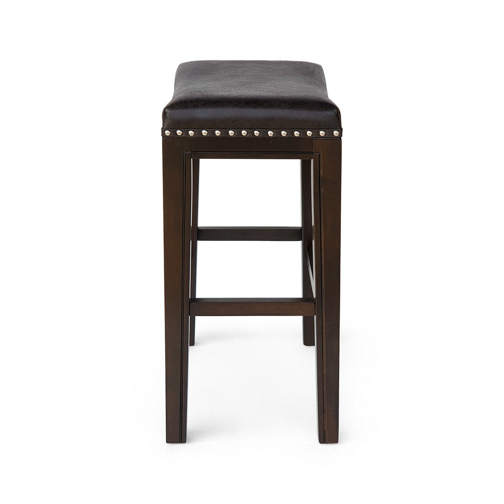 Feine Counter Stool Set of 2, Gray Faux Leather Saddle Seat, Brown -BM336982