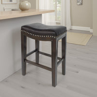 Feine Counter Stool Set of 2, Gray Faux Leather Saddle Seat, Brown -BM336982