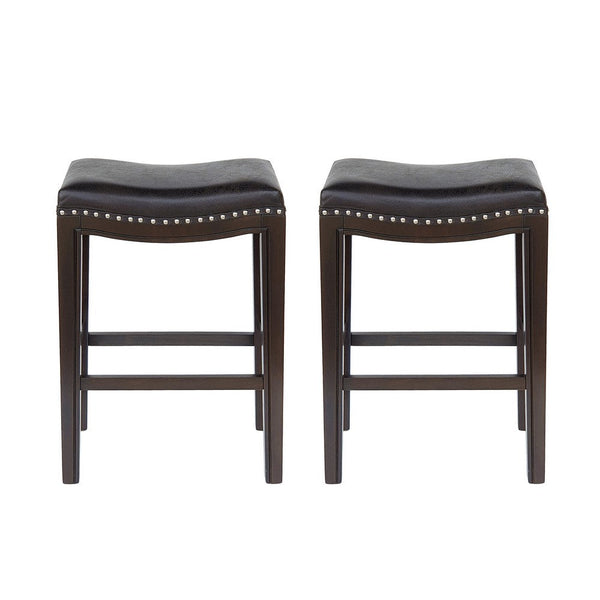 Feine Counter Stool Set of 2, Gray Faux Leather Saddle Seat, Brown -BM336982