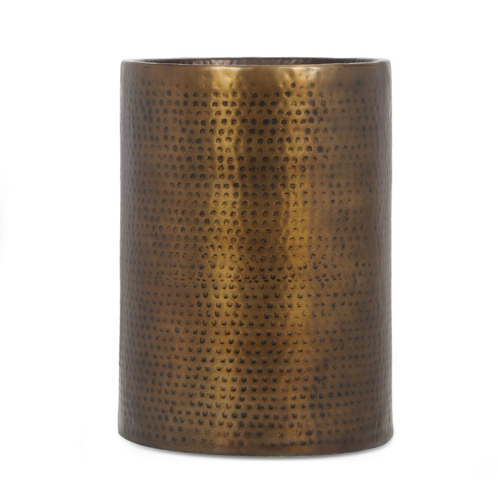 Side Table, Drum Shaped Antique Brass Aluminum, Round 16 Inch Top -BM336983