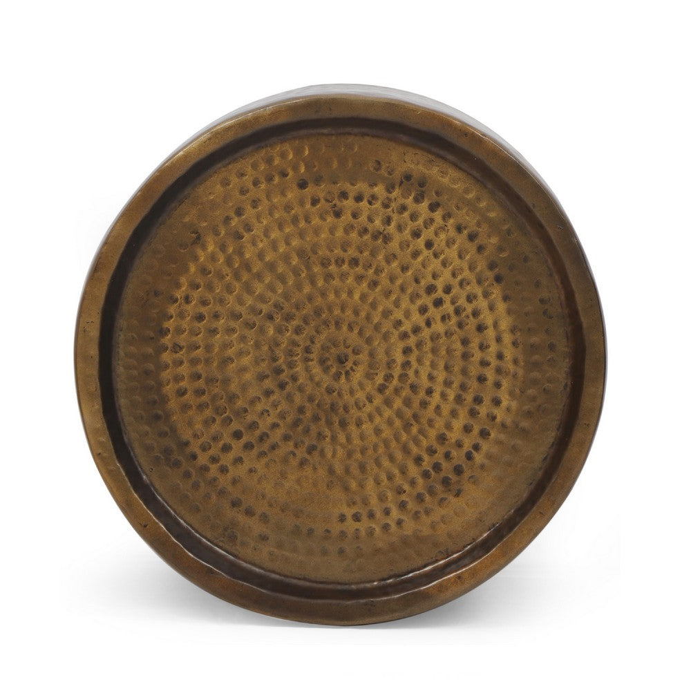 Side Table, Drum Shaped Antique Brass Aluminum, Round 16 Inch Top -BM336983