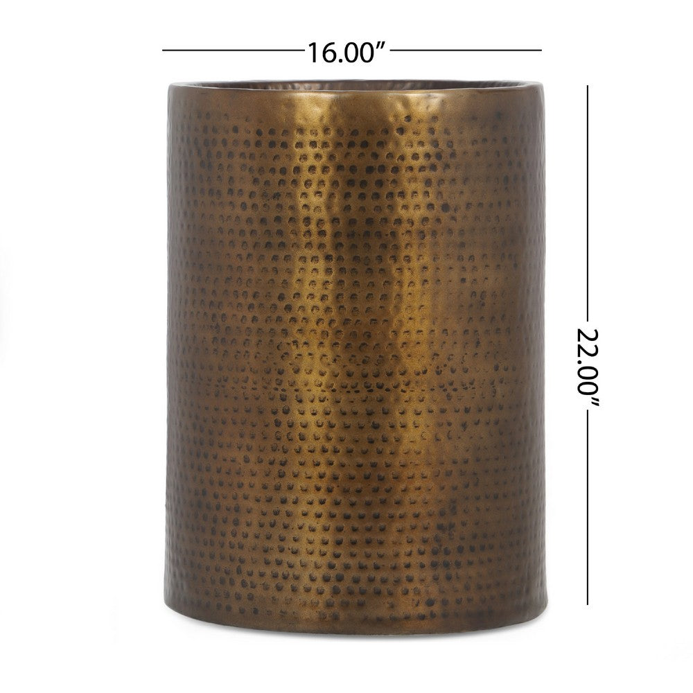 Side Table, Drum Shaped Antique Brass Aluminum, Round 16 Inch Top -BM336983
