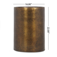 Side Table, Drum Shaped Antique Brass Aluminum, Round 16 Inch Top -BM336983