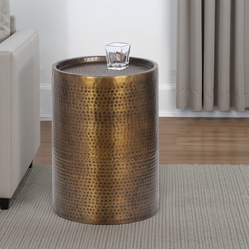 Side Table, Drum Shaped Antique Brass Aluminum, Round 16 Inch Top -BM336983