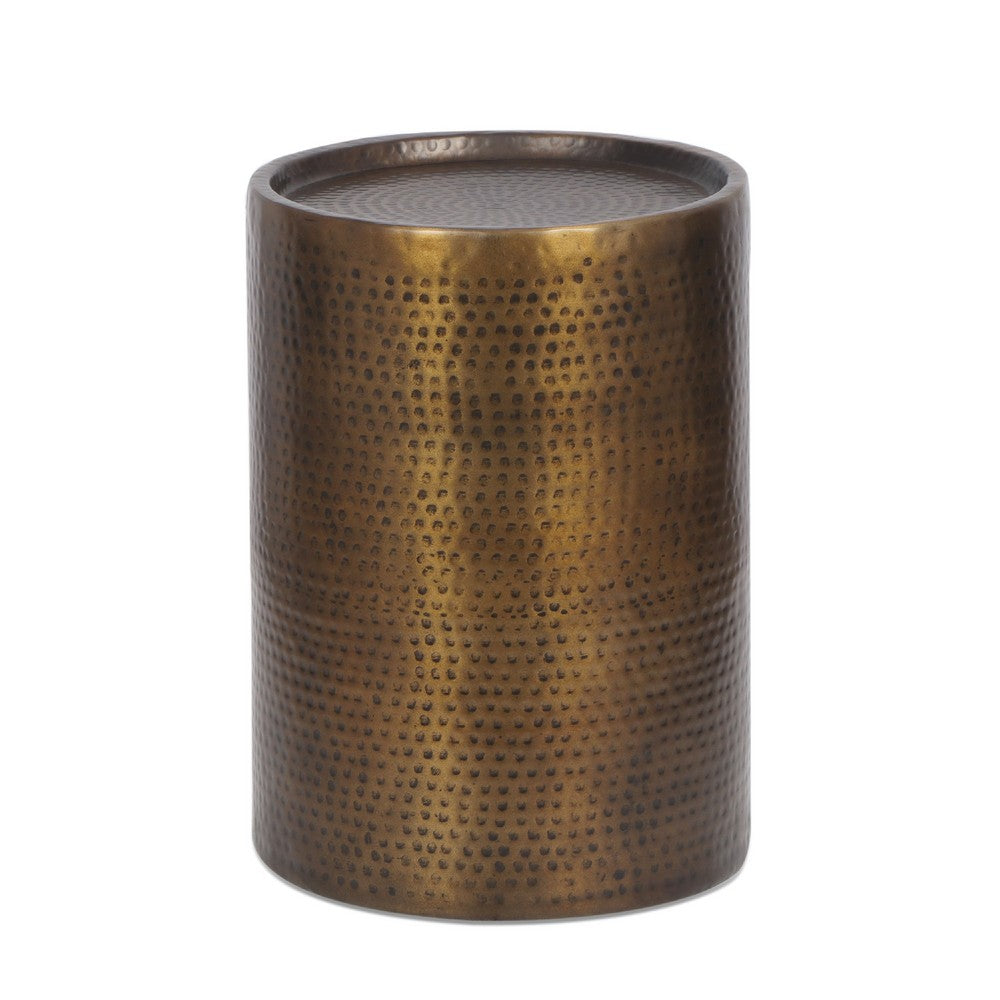 Side Table, Drum Shaped Antique Brass Aluminum, Round 16 Inch Top -BM336983