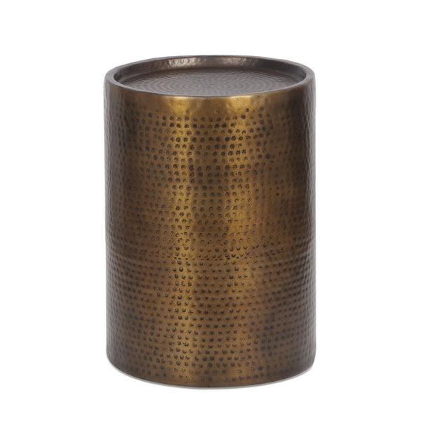 Side Table, Drum Shaped Antique Brass Aluminum, Round 16 Inch Top -BM336983