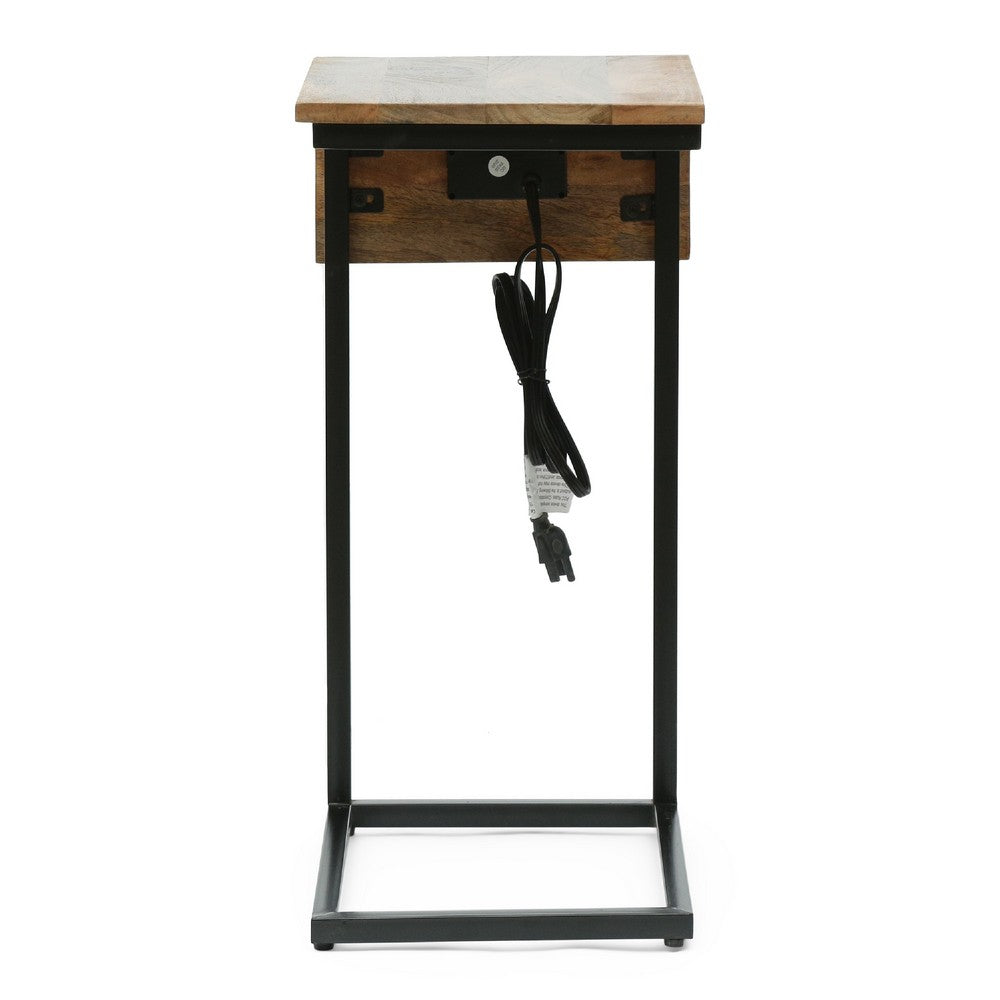 C Shaped End Table, Natural Brown Mango Wood, Black, Power Cord, 12in -BM336985