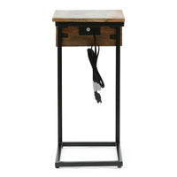 C Shaped End Table, Natural Brown Mango Wood, Black, Power Cord, 12in -BM336985